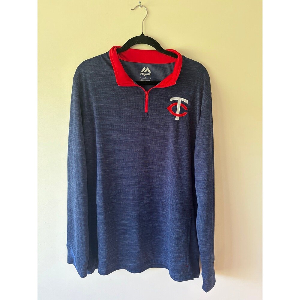 Majestic Minnesota Twins Mens Large Navy Red Quarter Zip Pullover TC Logo